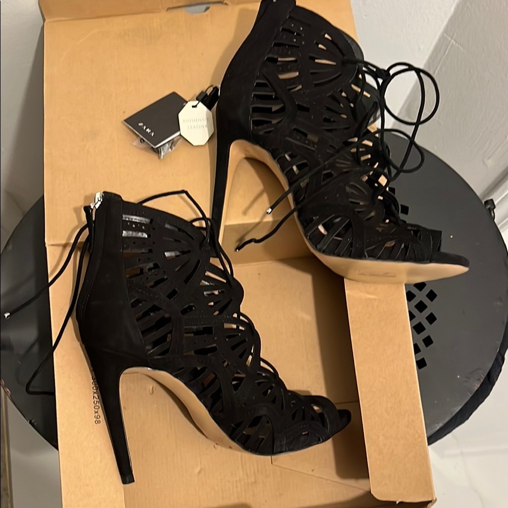 Zara Black Leather/Suede Lace-Up Heels
